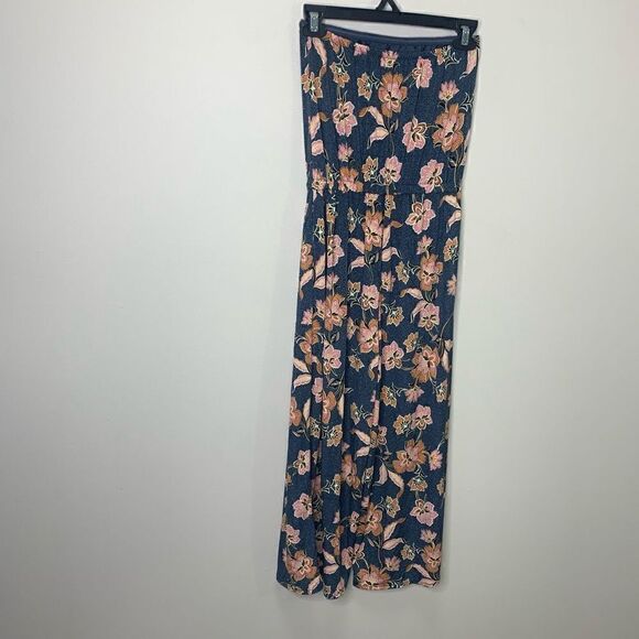 Floral Tube Top Jumpsuit Tie Waist Crop Leg Navy XS (1o1) - Picture 5 of 9